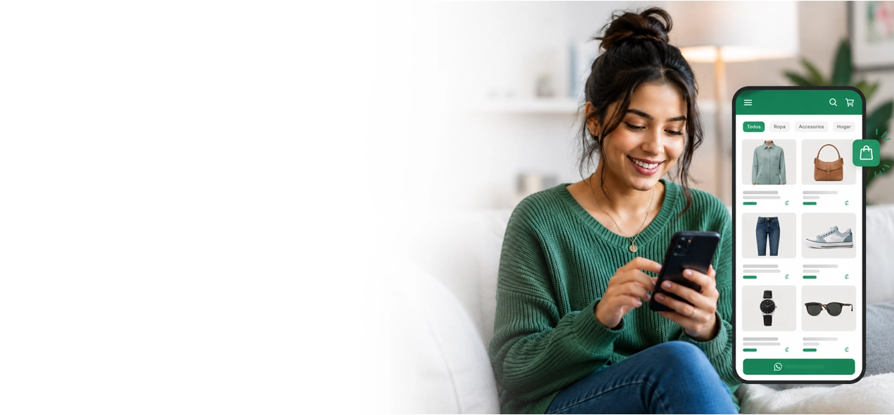 Mujer con teléfono mostrando tienda online